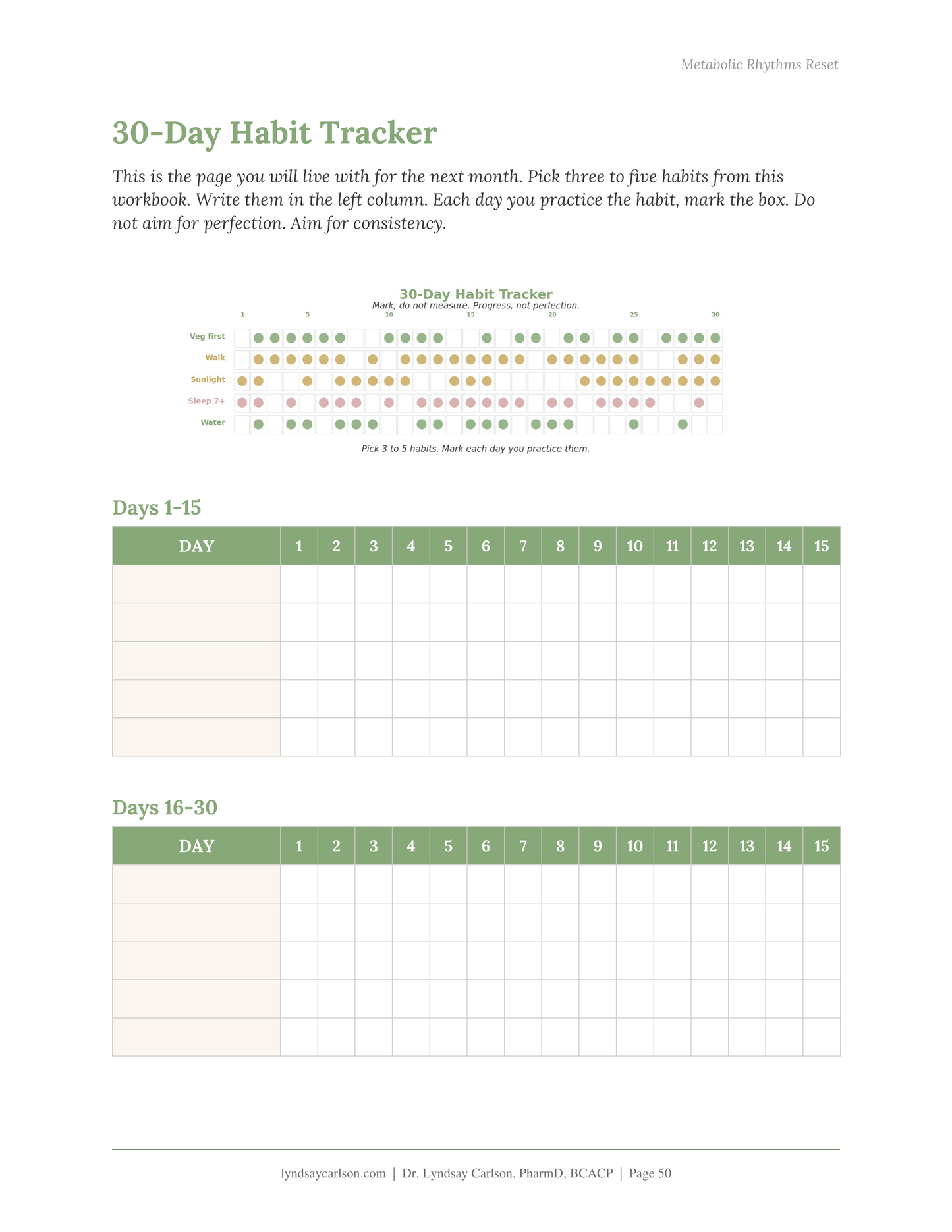 30-day habit tracker page from the Metabolic Rhythms Reset Workbook