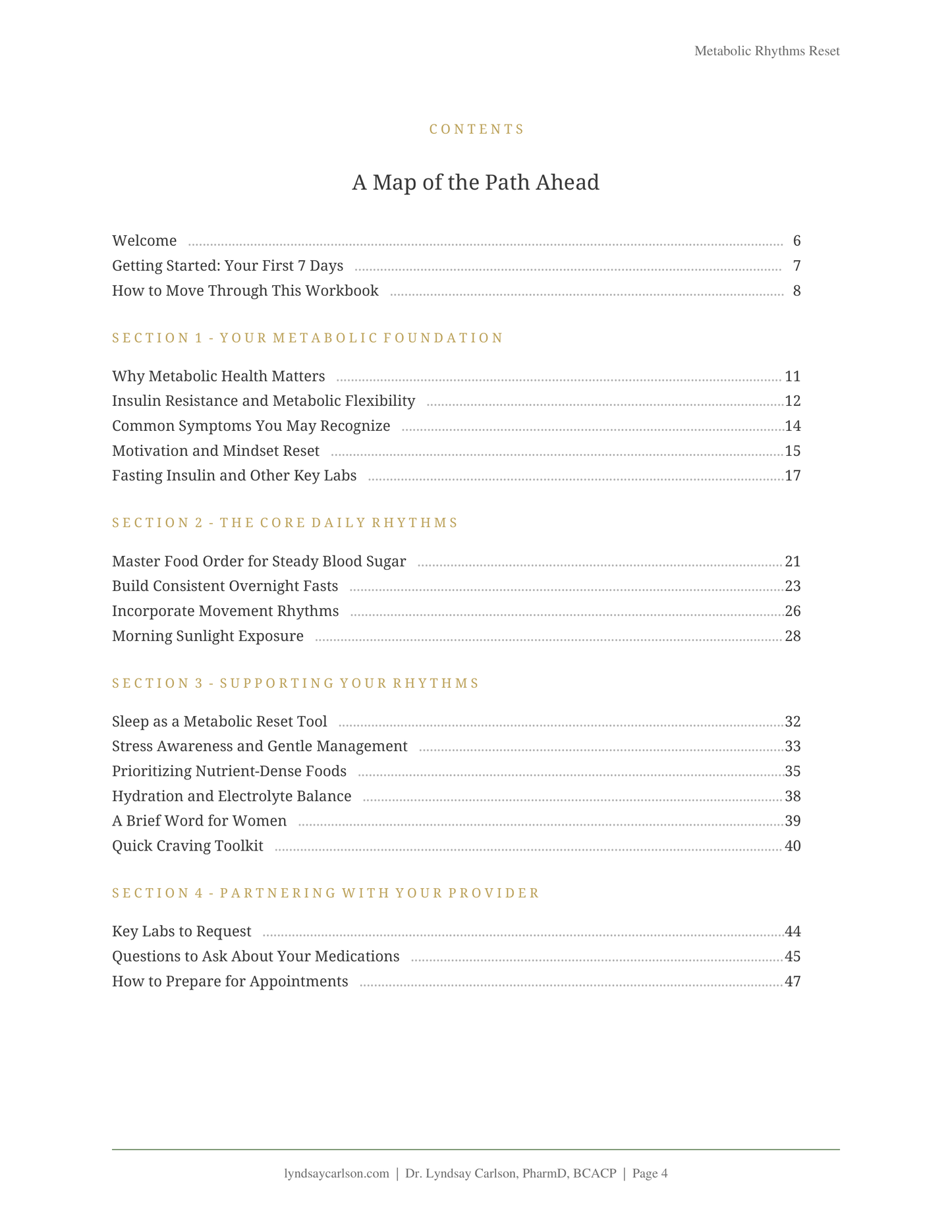 Table of contents preview for the Metabolic Rhythms Reset Workbook