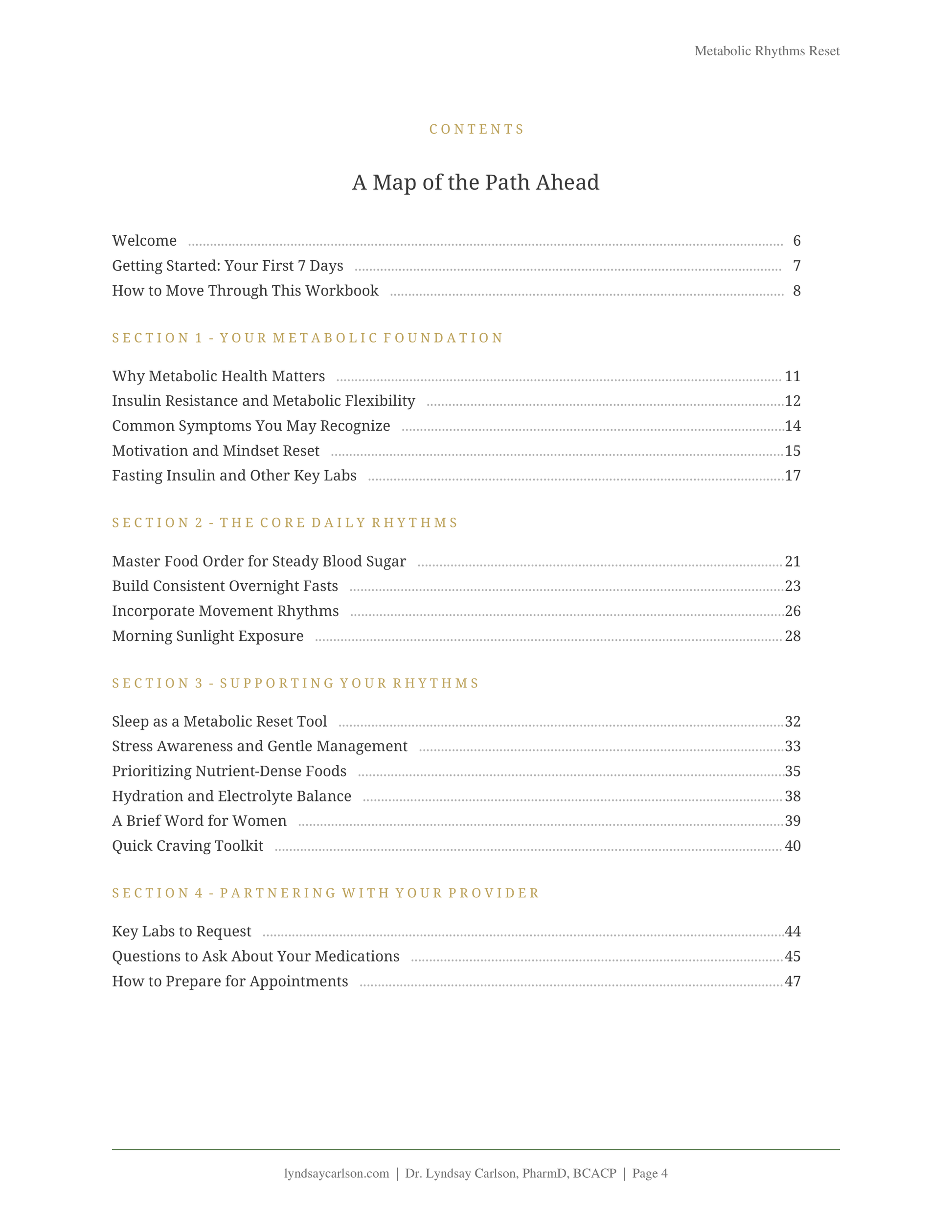 Table of contents preview for the Metabolic Rhythms Reset Workbook