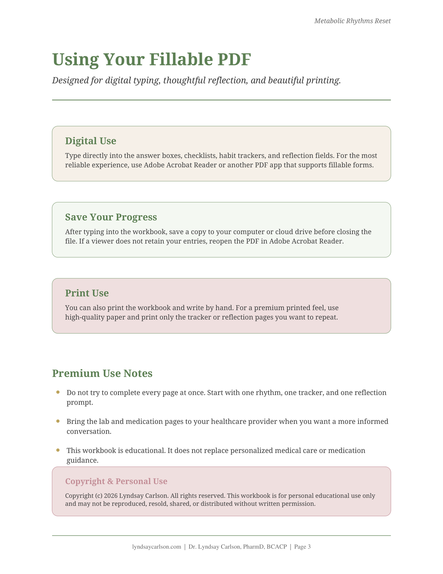 Fillable PDF instructions page from the Metabolic Rhythms Reset Workbook