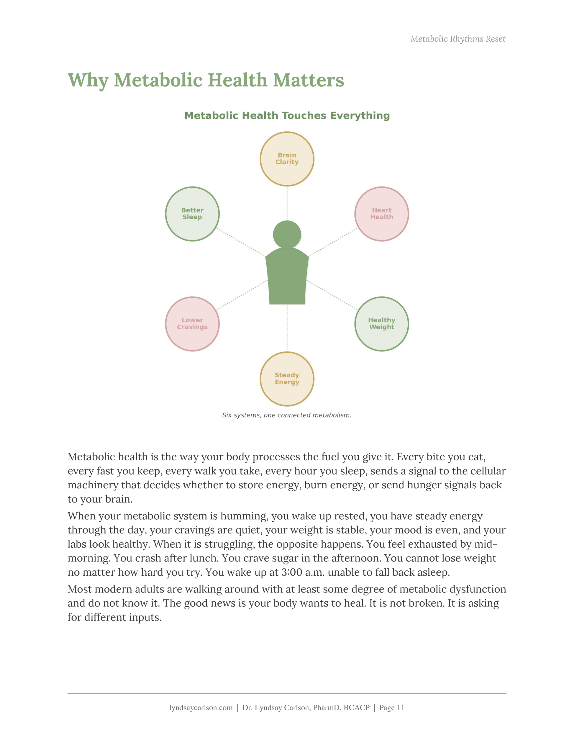 Metabolic health education page showing energy, sleep, cravings, weight, brain clarity, and heart health